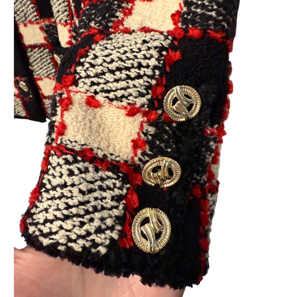 Sezane L Valerio Knit Lady Jacket Wool Checkered Boxy Blazer Gold Buttons Black - Picture 10 of 10